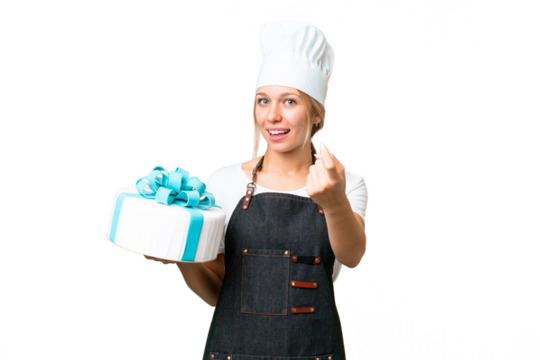 Young pastry blonde woman with a big cake over isolated chroma key background doing coming gesture