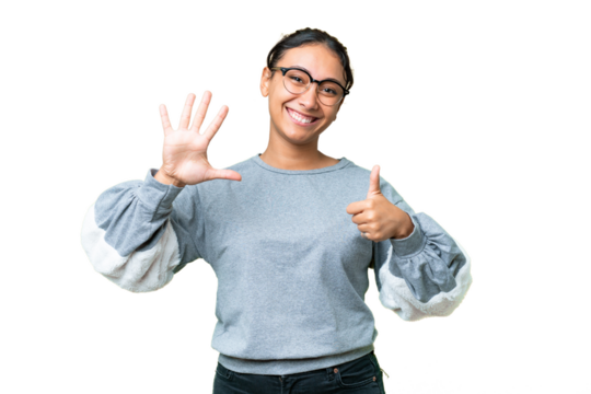 Young Uruguayan woman over isolated chroma key background counting six with fingers