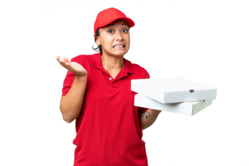 pizza delivery woman with work uniform picking up pizza boxes over isolated chroma key background having doubts while raising hands