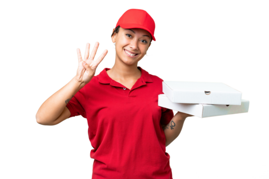 pizza delivery woman with work uniform picking up pizza boxes over isolated chroma key background happy and counting four with fingers