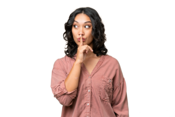 Young Argentinian woman over isolated background showing a sign of silence gesture putting finger in mouth