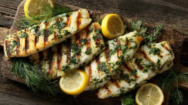 Close Up Overhead Shot Of Grilled Calamari Steaks With Lemon Slices And Fresh Dill Garnishes On A Rustic Wooden Board