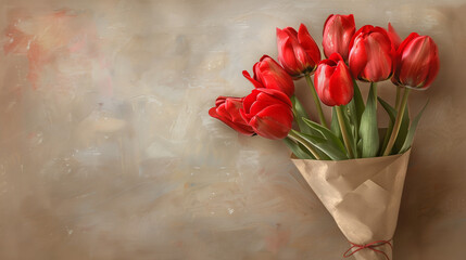 Bouquet of red tulips in paper wrap on textured background with copy space