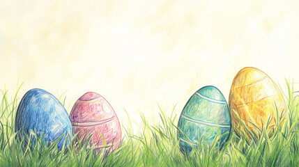 Colorful Easter eggs in grass on light background with copy space