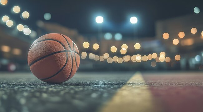 Orange basketball on court at night