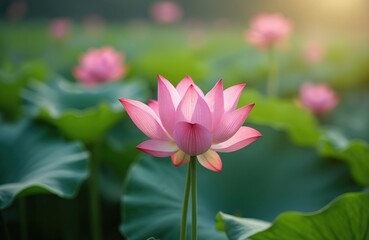 Obraz premium Pink lotus flower blooms in tranquil water pond at sunset. Delicate petals open amidst rich green foliage reflecting golden light. Serene scene natural beauty, peacefulness of aquatic flora.