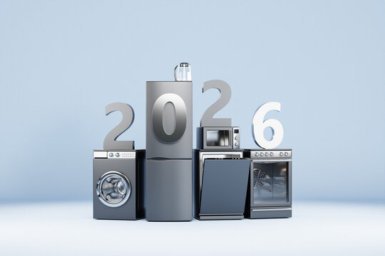 Realistic mockup of a washing machine, dishwasher, stove and refrigerator  and  Happy new year 2026  on a  blue  background. 3d Household appliances for household chores.