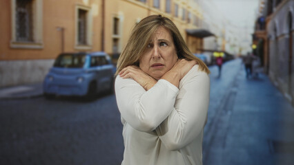 Fototapeta premium Woman clutch chest in white blouse on narrow cobblestone street lined with parked cars and historic buildings; panic.