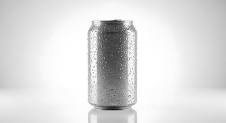 Silver aluminum can covered in water droplets isolated on white