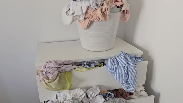 Messy dresser stuffed with wrinkled clothes &mdash; symbol of home chaos and a woman&rsquo;s daily struggle to balance work and family life.