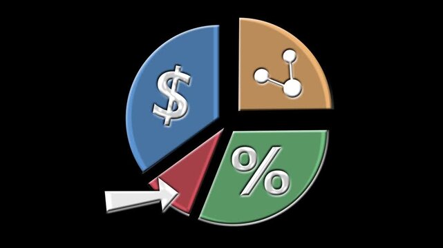 Financial Pie Chart Four Segments with Percent, Dollar Sign, Profit Share icon and Arrow Highlight. 3D-style Design Animation on Black Background. Money Percentage and Business Shares. 