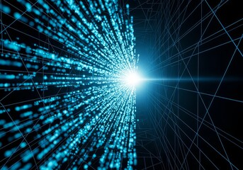 Abstract blue light streaks converging to a bright point with wireframe grid background effect design