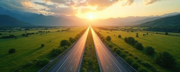 Sun sets over a long highway cutting through green fields. Mountains in background under dramatic sky. Cars drive towards horizon, towards destination.