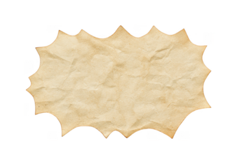 A vintage weathered and textured paper label with a jagged star like edge on a black background