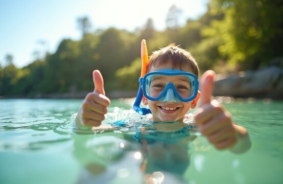 Smiling boy swims in turquoise water wearing snorkel gear shows thumbs up. Kid enjoys summer activity, has fun during vacation at tropical sea beach resort with beautiful nature. - Powered by Adobe