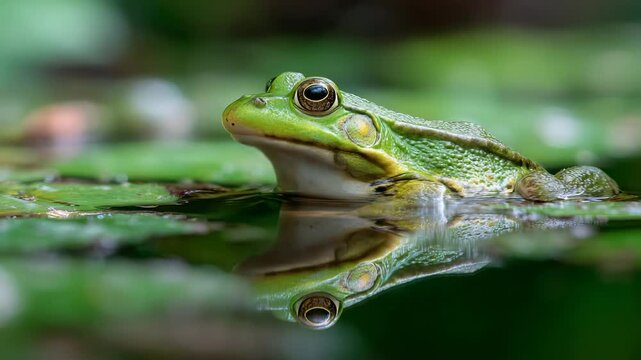 Closeup of a green frog sitting in water with lily pads and reflection