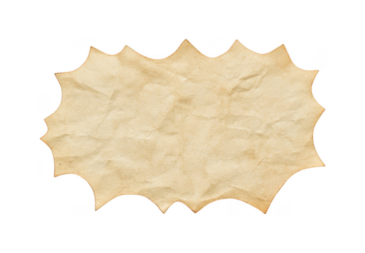 A vintage weathered and textured paper label with a jagged star like edge on a black background