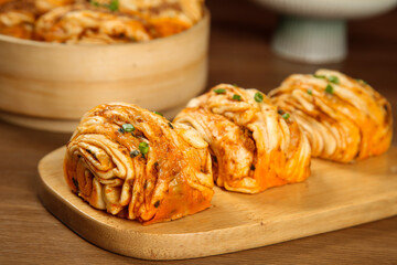 Spicy Meat Stuffed Pastry Rolls on Wooden Serving Board - Asian Cuisine Food Photography