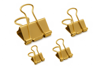 Golden binder clips in various sizes, symbolizing organization, paperwork, and office supplies with a touch of elegance, transparent background