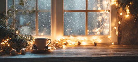 Cozy Christmas night scene from inside with warm glowing lights, frosty window, falling snow, wooden sill decorated with pine branches, ornaments and hot cocoa, cinematic holiday atmosphere 