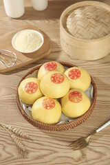 Handmade Steamed Buns with Fortune Symbols Shandong Chinese Traditional Food in Bamboo Steamer Basket