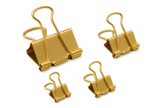 Golden binder clips in various sizes, symbolizing organization, paperwork, and office supplies with a touch of elegance, transparent background