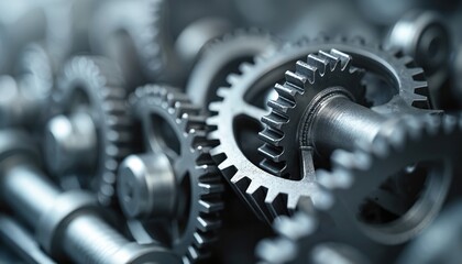 Metal gears mechanical components close up. Complex gear design in tech. Silver colored cogwheels engineering machinery. Industrial background with machine parts. Innovation design elements in