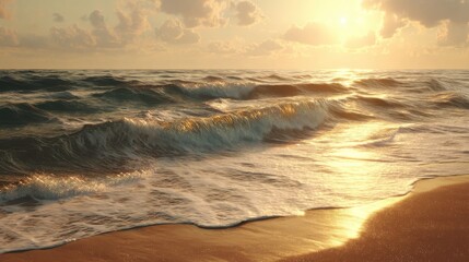 Obraz premium A serene beach scene at sunset, featuring gentle waves lapping at the shore, reflecting golden light under a cloudy sky, relax background