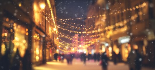 Festive Christmas city street at night with falling snow, glowing holiday lights, decorated shop windows, people in winter clothing, bokeh background, wide shot with copy space for design or marketing