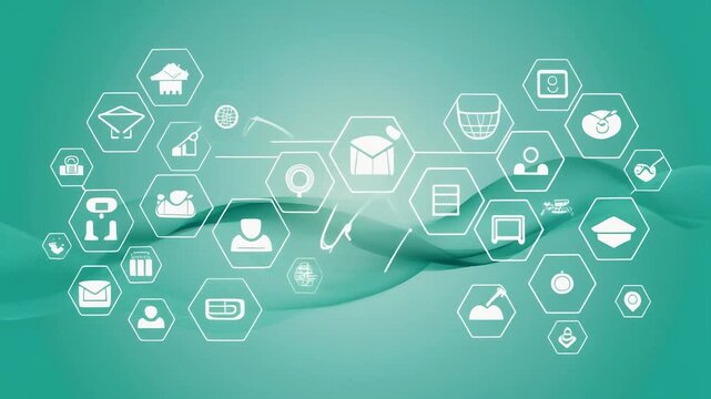 Conceptual flat design of a global network showing interconnected icons for technology, business, and communication services