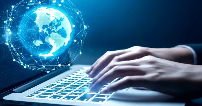 Person typing on a laptop with a glowing digital globe network overlay - Powered by Adobe