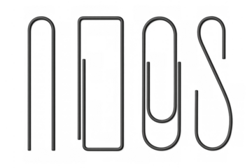 Black paper clips vector set featuring different metal fastener shapes for office supplies and stationery designs with transparent background