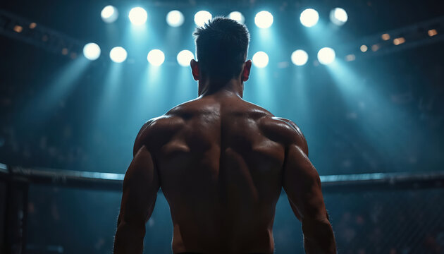 Muscular man stands in MMA fighting cage under bright stage lights. Athlete muscles, sweat gleam in arena, ready for combat. Powerful fighter waits for match intense preparation.