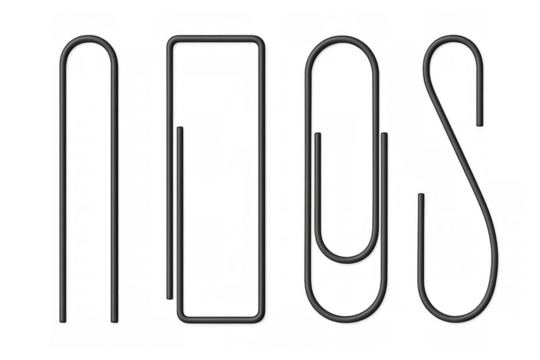 Black paper clips vector set featuring different metal fastener shapes for office supplies and stationery designs with transparent background