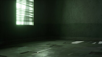 In a quiet room, soft light creeps through a barred window, casting shadows on the concrete floor. The space feels lonely and abandoned, evoking a sense of mystery and isolation.