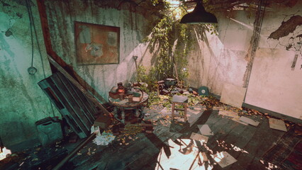 Obraz premium Sunlight streams through a cracked wall in a dilapidated room overgrown with plants and debris. A wooden table and stool sit amidst scattered items, evoking a sense of lost history.