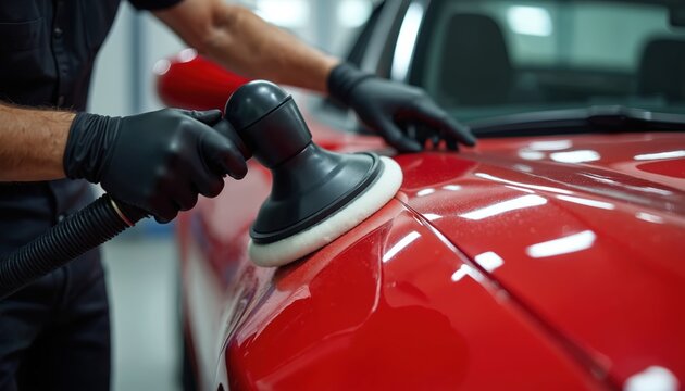 Auto mechanic buffs car paint in service station. Professional male worker polishes red vehicle. Automotive detailer uses machine to remove scratches for car maintenance.