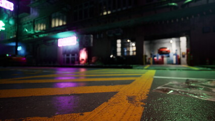 Bright neon lights reflect on wet pavement in a bustling city street at night. A garage with a vivid sign is visible, hinting at exciting activities within.