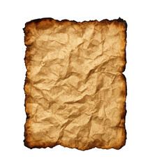 A textured aged and crumpled parchment paper with burnt edges against a stark black background