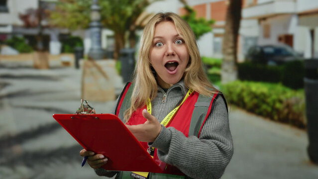Young volunteer woman with a surprised expression holds a red clipboard in a park outdoors.