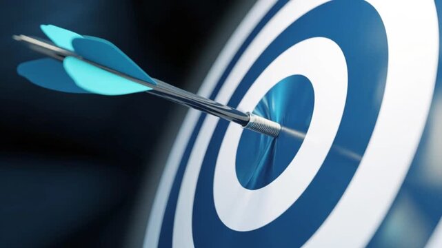 Arrow hitting bullseye on blue and white target board, precision focus concept for success accuracy and goal achievement, business leadership vision strategy and performance excellence idea, motivatio