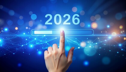 Finger pushing a digital button on a touchscreen interface to select a business solution 2026 loading