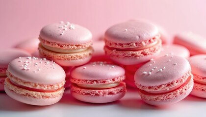 Fototapeta premium Pile of pink macarons close up shot. French almond meringue based confection. Sweet cookies with buttercream filling on pink background. Delicious dessert treats for events snack food.