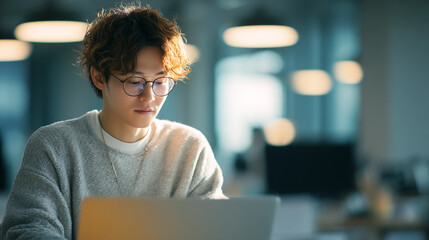 ノートパソコンを操作する若い男性