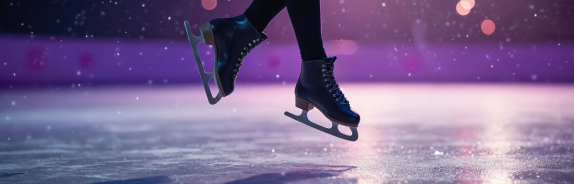 Close up of figure skater shoes mid jump on ice. Starry night sky and purple background create magical atmosphere. Athlete performs gracefull winter sport move.