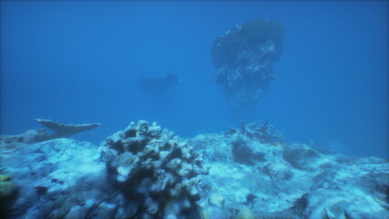 Swimmers glide through clear blue waters, discovering colorful coral reefs and diverse ocean creatures. The suns rays create enchanting patterns, enhancing the serene ocean depths.