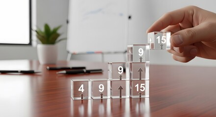 Hand stacking clear blocks with numbers forming a growth chart