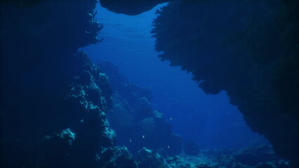 Deep underwater, sunlight filters through rocky formations creating an enchanting view. Colorful fish swim among diverse coral, showcasing the oceans rich ecosystem in a serene moment.