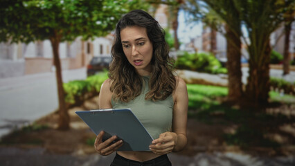 Woman in green tank top holding a clipboard of papers investigates documents while standing in street park under leafy trees; confusion.