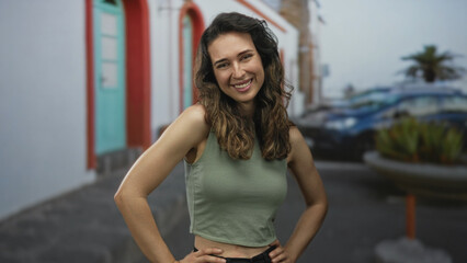 Fototapeta premium Woman with hands on hips and bare midriff on sunny urban street beside parked car; confidence positivity optimism.